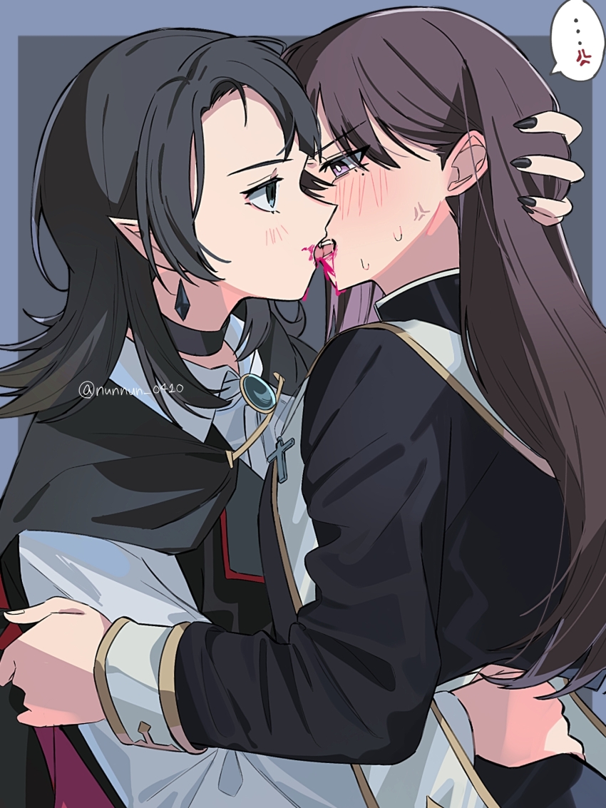 ... 2girls anger_vein bang_dream! bang_dream!_it&#039;s_mygo!!!!! biting_another&#039;s_tongue black_cape black_choker black_hair black_nails black_shirt black_vest blood blue_border blue_brooch blue_eyes blush border brown_hair cape choker commentary_request eye_contact fang french_kiss grey_background hand_on_another&#039;s_head hand_on_another&#039;s_hip highres kiss long_hair long_sleeves looking_at_another medium_hair mole mole_under_eye multiple_girls nail_polish nanami_(nunnun_0410) open_mouth outside_border pointy_ears purple_eyes shiina_taki shirt spoken_anger_vein spoken_ellipsis sweatdrop teeth tongue tongue_out twitter_username upper_body vampire vest white_shirt yahata_umiri yuri