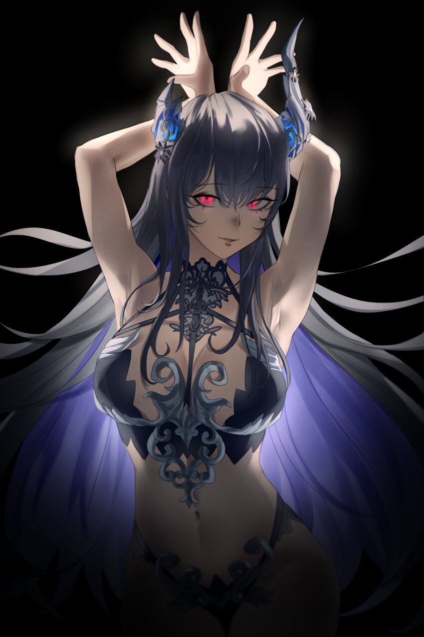 1girl absurdres alternate_costume aragiken arms_behind_head arms_up asymmetrical_horns bare_shoulders black_background black_hair blue_hair breasts colored_inner_hair crystal_horns demon_girl demon_horns flower glowing glowing_eyes hair_ornament highres holoadvent hololive hololive_english horn_flower horns large_breasts long_hair looking_at_viewer mole mole_under_eye multicolored_hair nerissa_ravencroft red_eyes revealing_clothes smile solo tassel tassel_hair_ornament two-tone_hair uneven_horns very_long_hair virtual_youtuber