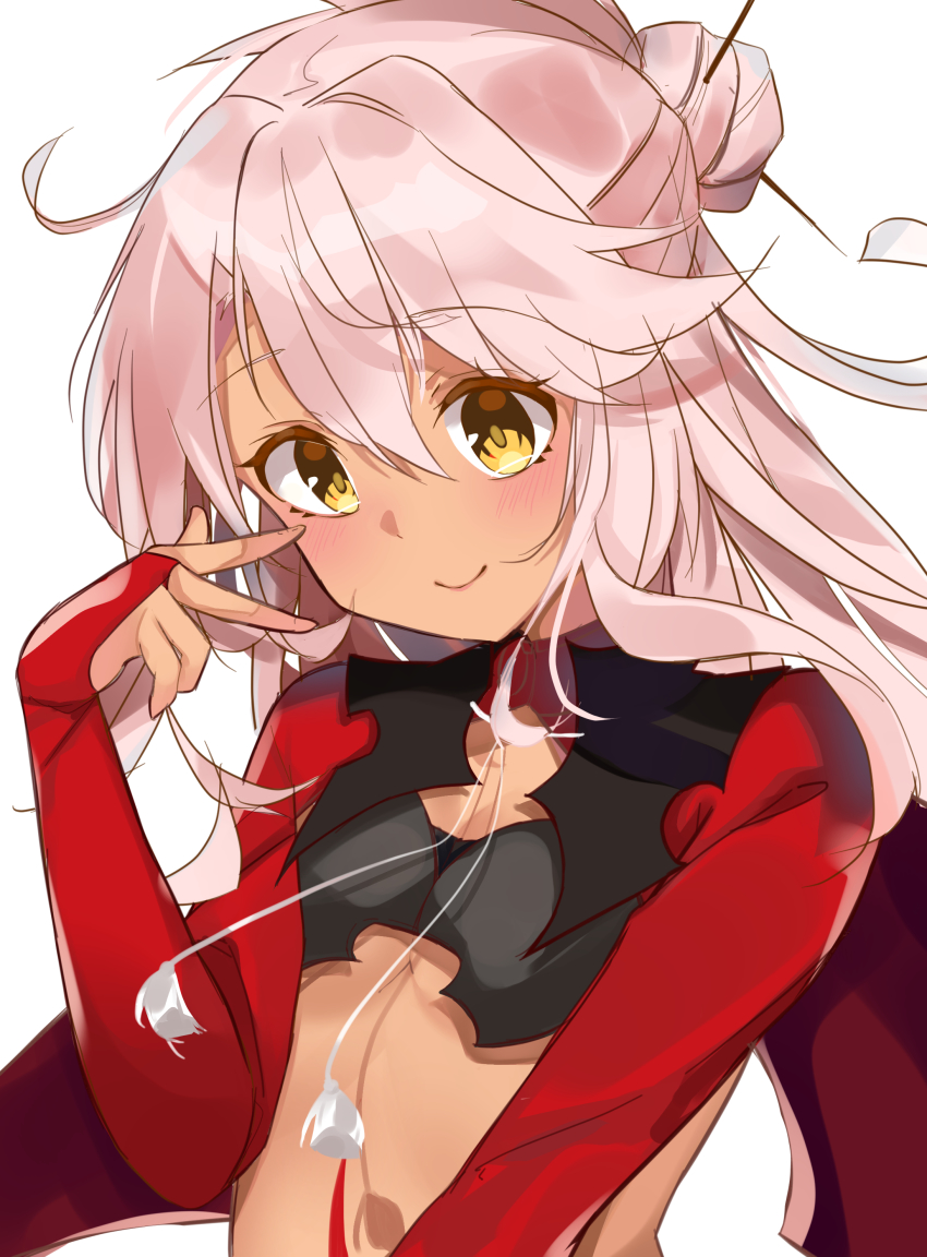 1girl absurdres armor bad_id bad_pixiv_id blush breastplate breasts capelet chloe_von_einzbern closed_mouth dark-skinned_female dark_skin fate/kaleid_liner_prisma_illya fate_(series) hair_between_eyes hair_ornament hairpin half_updo hand_gesture highres hikari_yui long_hair long_sleeves looking_at_viewer pink_hair red_capelet shrug_(clothing) simple_background small_breasts smile solo stomach_tattoo swept_bangs tan tattoo v white_background yellow_eyes