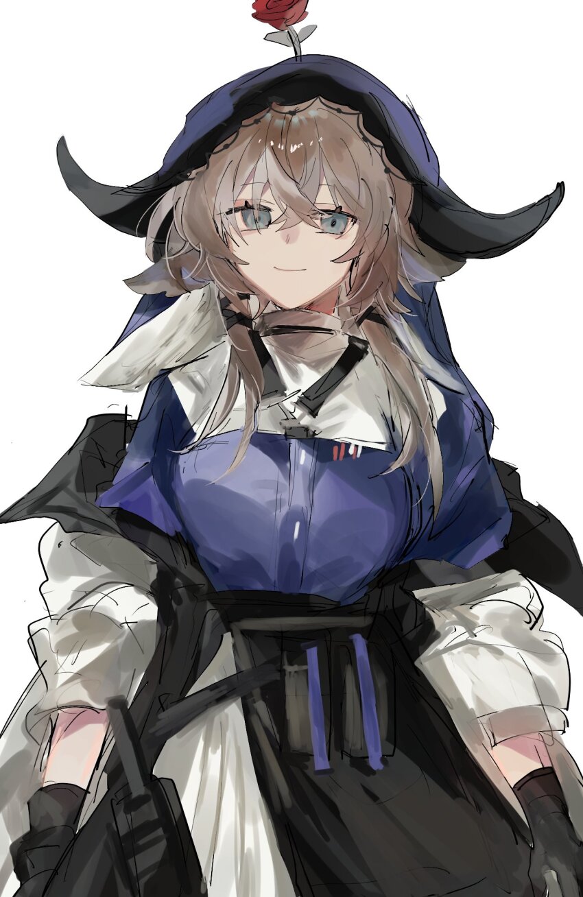 1girl arknights black_gloves black_skirt blue_shirt brown_hair closed_mouth commentary_request flower flower_on_head fumi_(rdbm) gloves grey_eyes hair_between_eyes highres horns jacket long_hair long_sleeves looking_at_viewer off_shoulder open_clothes open_jacket pallas_(arknights) puffy_long_sleeves puffy_sleeves red_flower red_rose rose shirt simple_background skirt smile solo white_background white_jacket white_shirt