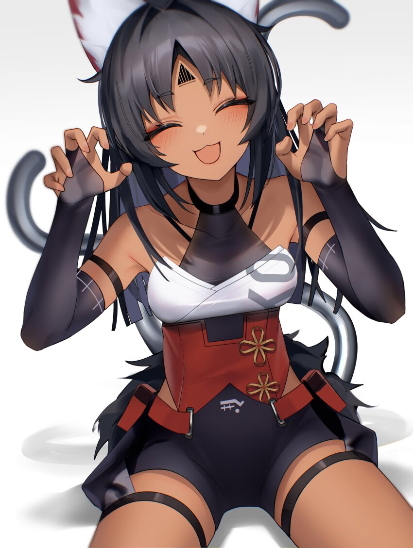 1girl absurdres animal_ear_fluff animal_ears black_hair blush cat cat_girl cat_tail dark-skinned_female dark_skin facial_mark forehead_mark highres multiple_tails nekomiya_mana open_mouth smile solo tail thomas_8000 two_tails zenless_zone_zero