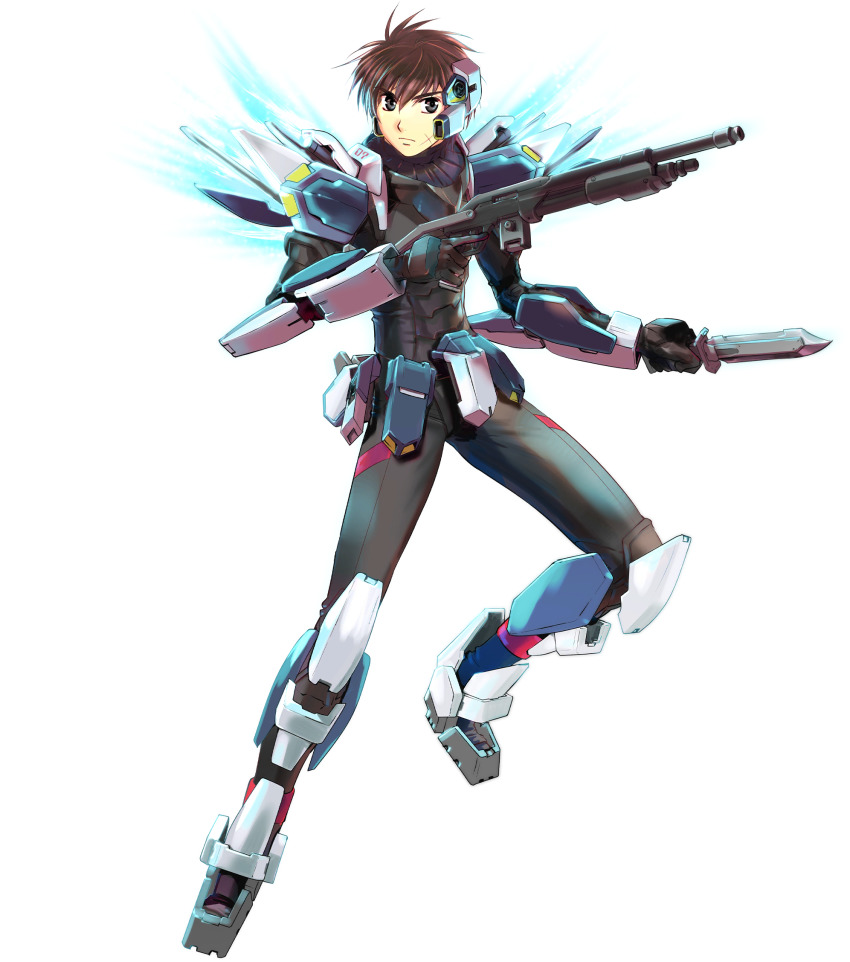 1boy armor arx-7_arbalest black_eyes brown_hair fantasia_re:build full_metal_panic! gun headgear highres holding holding_weapon knife mecha official_art power_armor robot sagara_sousuke shotgun solo weapon