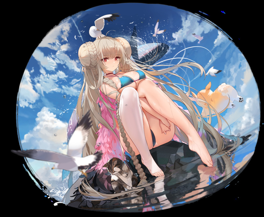 1girl absurdly_long_hair ahoge ass azur_lane barefoot bikini bird blue_bikini blue_sky blush braid breasts cat choker cleavage cloud day dog double_bun floating_hair formidable_(azur_lane) formidable_(the_lady_of_the_beach)_(azur_lane) full_body grey_hair hair_bun hugging_own_legs kincora large_breasts long_hair looking_at_viewer ocean official_alternate_costume official_art orca outdoors own_hands_together red_choker red_eyes reflection ribbon rock seagull side_braids sidelocks single_thighhigh sitting sky solo splashing swimsuit thighhighs toeless_legwear toes transparent_background very_long_hair wet white_thighhighs wind