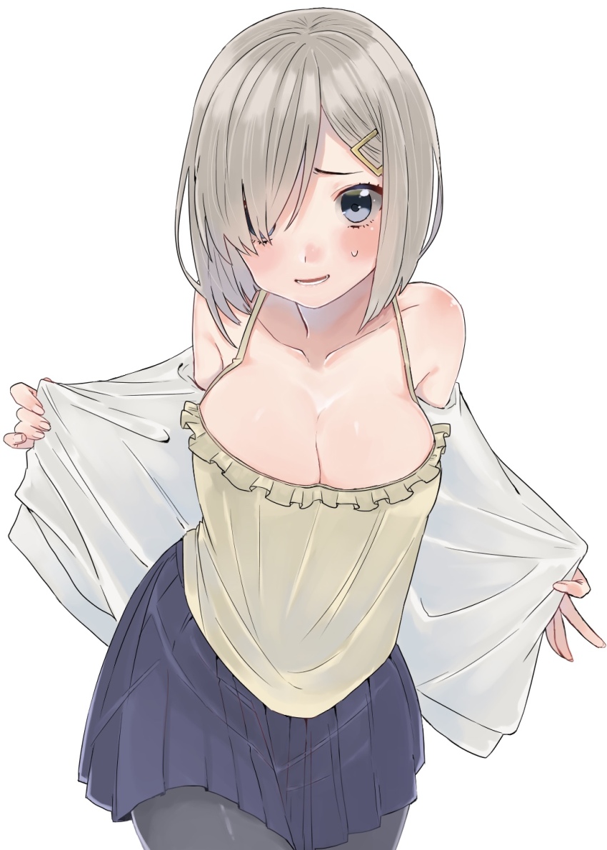 1girl bare_shoulders black_pantyhose blue_eyes blue_skirt blush breasts camisole cleavage grey_hair hair_ornament hair_over_one_eye hairclip hairy hamakaze_(kancolle) highres imai_(tomori_kuro) kantai_collection large_breasts looking_at_viewer off_shoulder open_clothes open_shirt pantyhose parted_lips pleated_skirt shirt short_hair simple_background skirt solo white_background yellow_camisole