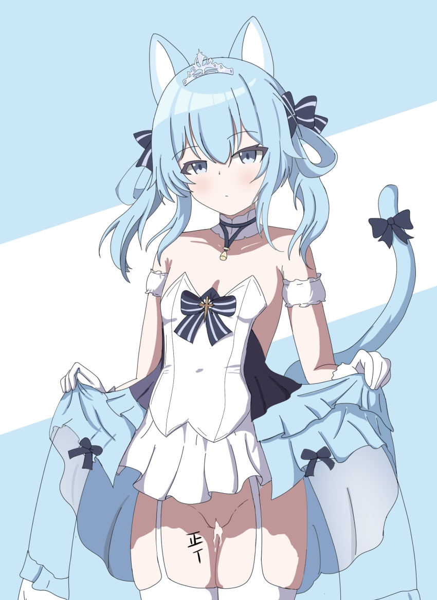 1girl animal_ears azur_lane bare_shoulders black_ribbon blue_eyes blue_hair bottomless breasts cat_ears cat_girl cat_tail closed_mouth clothes_lift cum cum_in_pussy dress dress_lift erciyuan_fan_mou frilled_dress frills garter_straps gloves groin highres light_blush medium_hair official_alternate_costume pussy ribbon simple_background sleeveless sleeveless_dress small_breasts solo suzunami_(azur_lane) suzunami_(winter_beauty&#039;s_ball_gown)_(azur_lane) tail tail_ornament tail_ribbon tally thighhighs tiara white_garter_straps white_gloves white_thighhighs