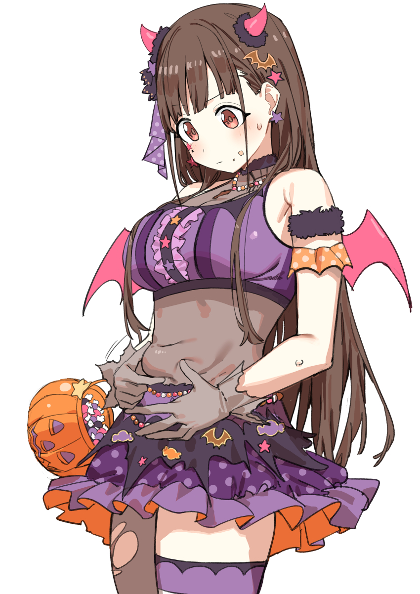 1girl absurdres armlet belly blush bodysuit breasts brown_hair bucket candy center_frills crop_top cropped_shirt demon_horns demon_wings earrings fake_horns fake_wings food food_on_face frilled_skirt frills halloween_bucket halloween_costume haruyuki_(gffewuoutgblubh) highres horns idolmaster idolmaster_shiny_colors jack-o&#039;-lantern jewelry large_breasts long_hair looking_down miniskirt necklace official_alternate_costume pantyhose polka_dot polka_dot_skirt purple_shirt purple_skirt see-through_bodysuit see-through_clothes shirt simple_background single_leg_pantyhose single_thighhigh skirt sleeveless sleeveless_shirt solo sonoda_chiyoko star_(symbol) star_earrings straight_hair sweatdrop thighhighs torn_bodysuit torn_clothes torn_pantyhose two-sided_fabric two-sided_skirt very_long_hair weight_conscious white_background wings