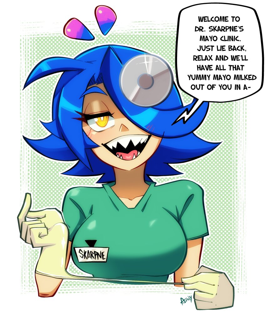 adjusting_clothes adjusting_gloves andychull gloves imminent_handjob latex latex_gloves medical_scrubs sharp_teeth skarpne skarpworld speech_bubble teeth