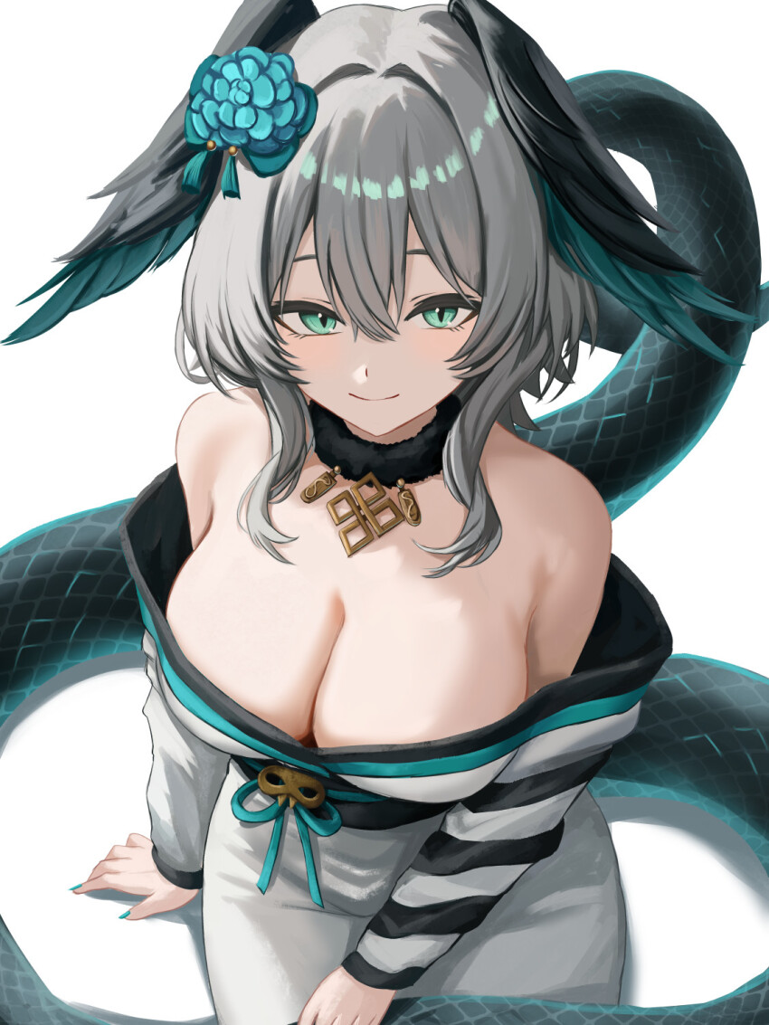 1girl alternate_costume arknights bare_shoulders breasts check_clothing chinese_clothes cleavage closed_mouth clothing_request commentary english_commentary fingernails flower green_eyes green_flower green_nails grey_hair hair_between_eyes hair_flower hair_ornament highres ho&#039;olheyak_(arknights) large_breasts looking_at_viewer medium_hair nail_polish off_shoulder robe simple_background sitting smile snake_girl snake_tail solo tail white_background white_robe yan_kodiac