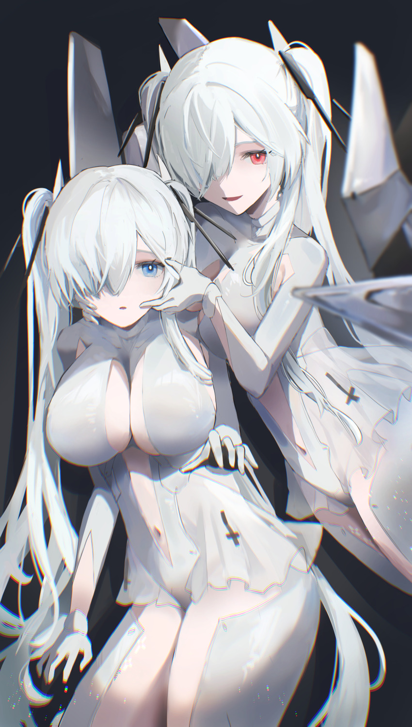 2girls absurdres armpit_cutout blue_eyes bodysuit breasts chromatic_aberration cinderella_(nikke) cleavage_cutout clothing_cutout dark_persona dress dual_persona gloves goddess_of_victory:_nikke hair_over_one_eye highres large_breasts leg_cutout long_hair looking_at_viewer multiple_girls navel navel_cutout one_eye_covered open_mouth red_eyes see-through_bodysuit see-through_clothes see-through_dress see-through_skirt shiny_eyes skirt smile stomach_cutout tsumi_(pixiv_75601915) twintails very_long_hair white_bodysuit white_hair