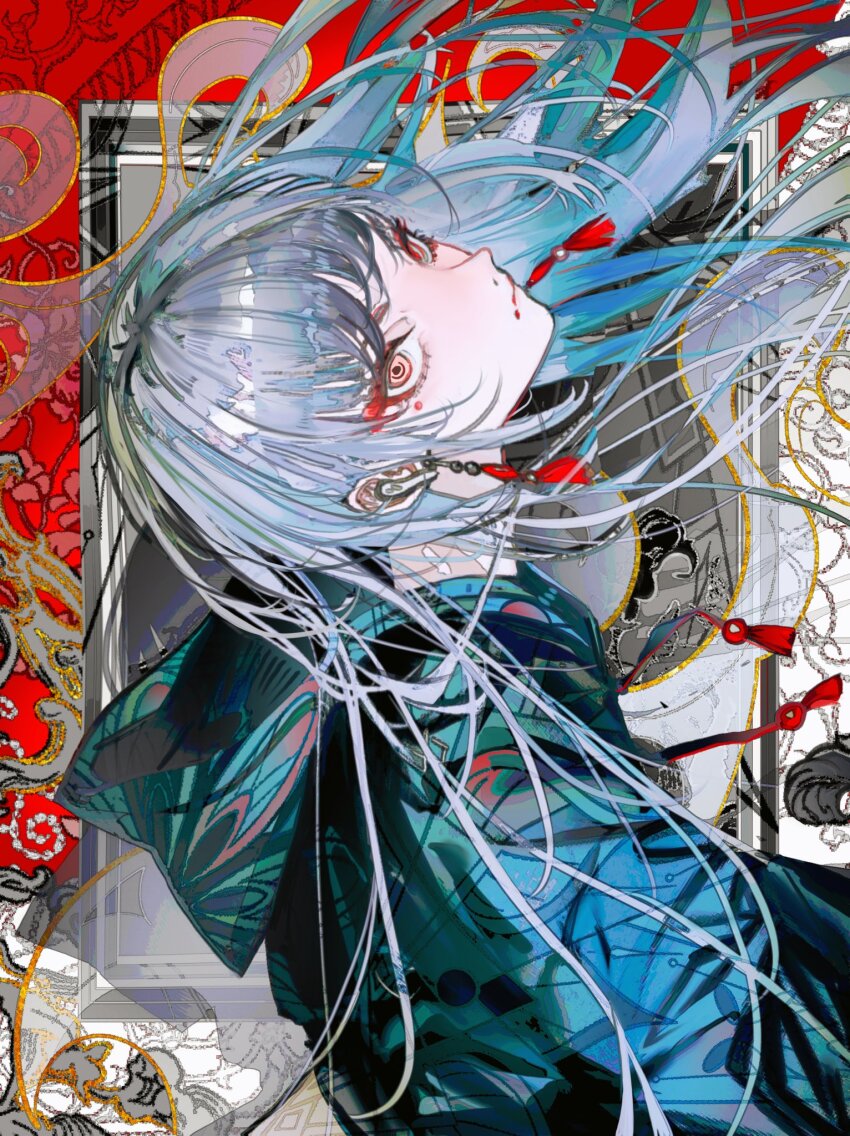 1girl blue_jacket closed_mouth earbuds earphones earrings facial_mark floating_hair grey_hair highres hood hood_down hooded_jacket jacket jewelry john_kafka original red_eyes solo upper_body