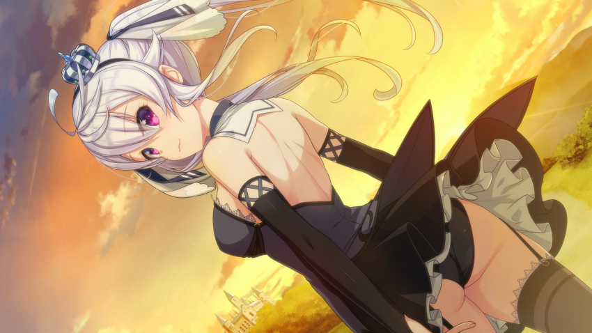 1girl :3 ahoge arms_at_sides ass black_panties black_thighhighs breasts closed_mouth cowboy_shot crown detached_sleeves dress dutch_angle from_behind game_cg garter_straps hair_between_eyes hair_ribbon hairband highres light_purple_hair long_hair looking_at_viewer looking_back medium_breasts mini_crown non-web_source orange_sky outdoors panties prison_princess purple_eyes ribbon short_dress sky smile solo sunset thighhighs twintails underwear yamacchi zena_(prison_princess)