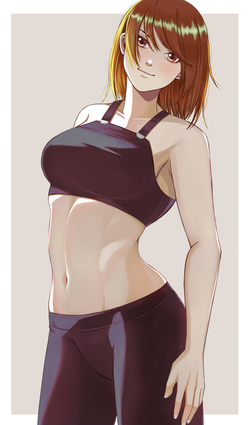 1girl absurdres black_pants breasts brown_eyes brown_hair clip_studio_paint_(medium) fax61209 grey_background highres long_hair looking_at_viewer medium_breasts navel original pants solo standing