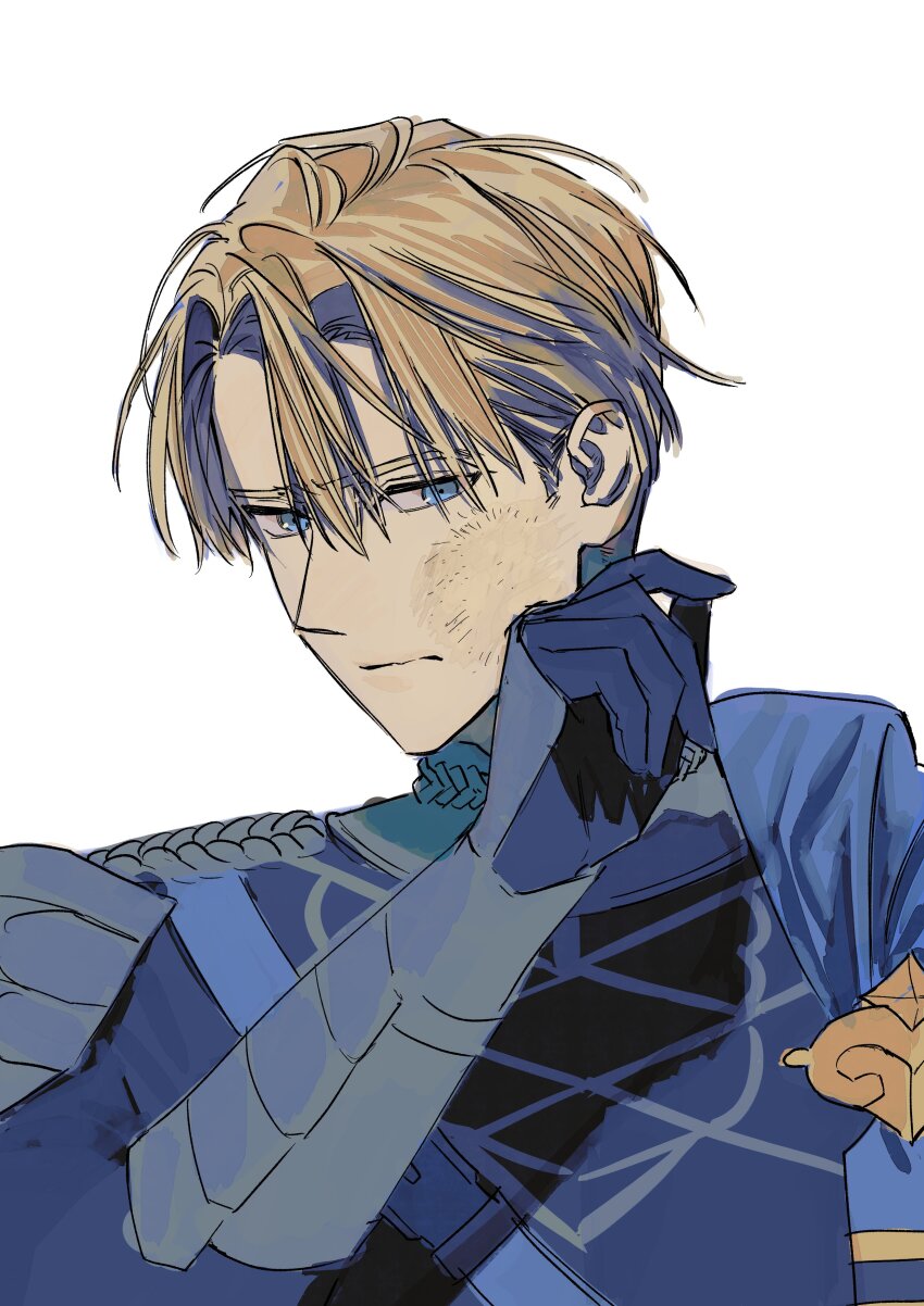 1boy absurdres arm_up armored_gloves belt belt_buckle black_gloves blonde_hair blue_belt blue_cape blue_eyes bruise bruise_on_face buckle cape chest_belt closed_mouth commentary_request dimitri_alexandre_blaiddyd fire_emblem fire_emblem:_three_houses frown garreg_mach_monastery_uniform gloves hair_between_eyes highres injury korean_commentary looking_to_the_side male_focus nintendo school_uniform side_cape sideways_glance simple_background solo upper_body wala75715 white_background