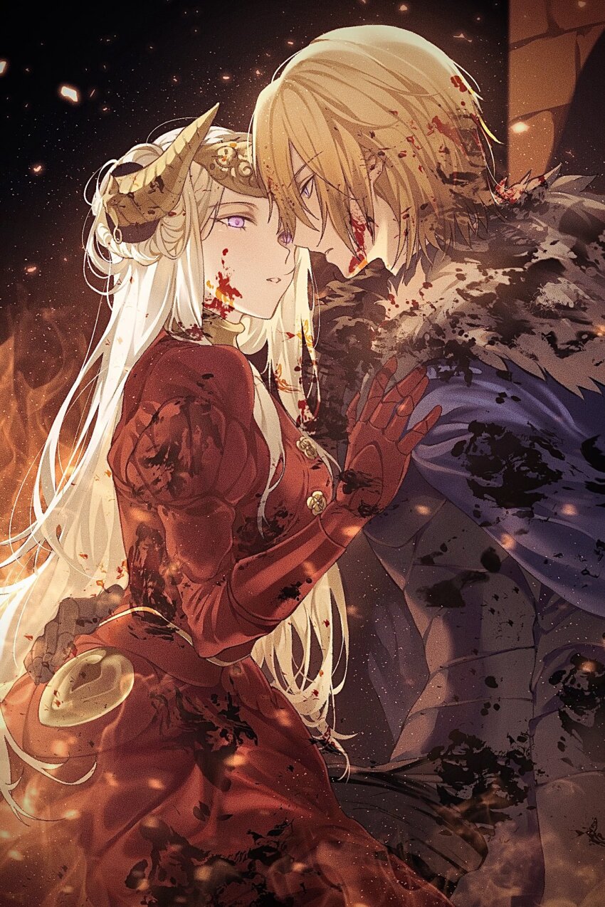 1boy 1girl against_wall black_background blonde_hair blood blood_on_clothes blood_on_face blue_cape blue_eyes breasts brick_wall cape closed_mouth couple dimitri_alexandre_blaiddyd dress edelgard_von_hresvelg face-to-face fake_horns fire fire_emblem fire_emblem:_three_houses from_side fur-trimmed_cape fur_trim hair_between_eyes hand_on_another&#039;s_chest hand_up head_tilt headpiece hetero highres horns incoming_kiss kneeling leaning_forward long_hair long_sleeves looking_back medium_breasts nintendo outdoors parted_lips puffy_short_sleeves puffy_sleeves purple_eyes red_dress shadow short_hair short_sleeves sitting soma_otakuu white_hair