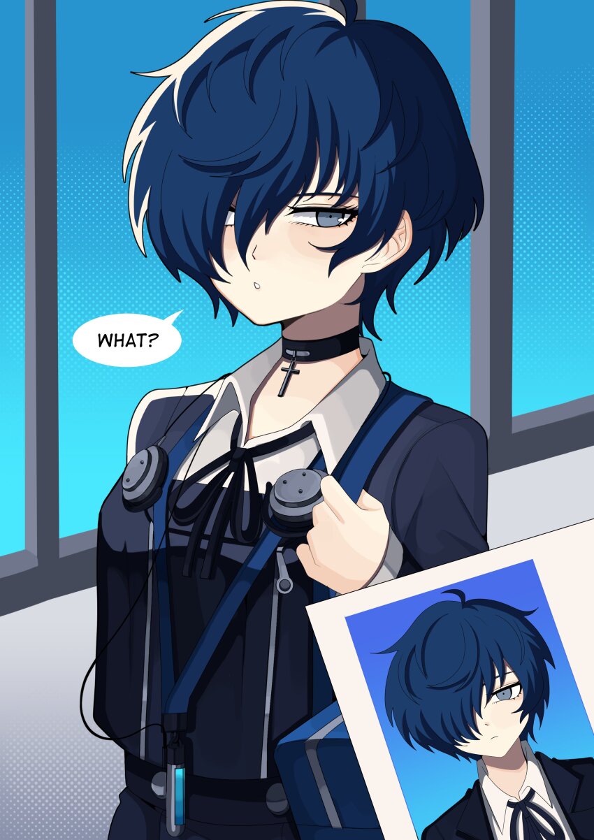 1boy 1girl absurdres bag black_choker blue_hair blush bobamiruku choker collared_shirt english_text eyelashes gekkoukan_high_school_uniform genderswap genderswap_(mtf) grey_eyes hair_between_eyes hair_over_one_eye hand_up highres indoors long_sleeves looking_at_viewer neck_ribbon one_eye_covered persona persona_3 photo_(object) ribbon school_uniform shadow shirt shoulder_bag speech_bubble upper_body yuuki_makoto_(persona_3)