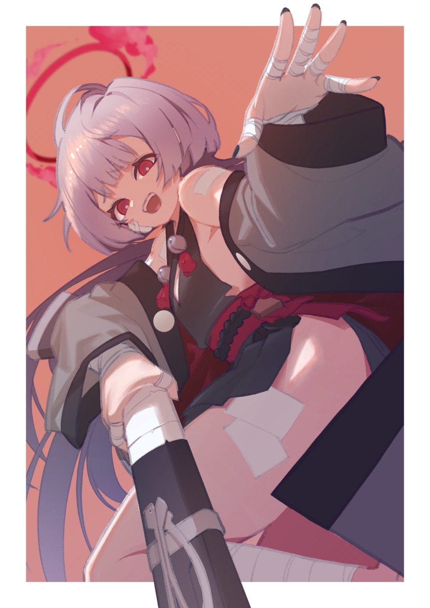 1girl bandaged_arm bandaged_foot bandaged_hand bandaged_leg bandages bell black_nails blue_archive blush flat_chest gauze gauze_on_cheek gauze_on_face grey_hair grey_sleeves halo highres japanese_clothes jingle_bell long_hair looking_at_viewer mintpizzaman obi open_mouth red_eyes red_halo sash shuro_(blue_archive) sideless_dress sideless_kimono simple_background smile solo white_background