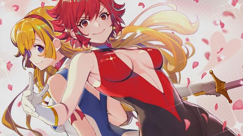 &gt;:) 2girls armband armpits back-to-back bare_shoulders blonde_hair blue_eyes breasts brown_eyes choker cleavage_cutout clothing_cutout cutie_honey cutie_honey_(character) cutie_honey_universe dual_persona earrings eyelashes gloves heart heart_choker jewelry kisaragi_honey long_hair looking_at_viewer magical_girl medium_breasts multiple_girls official_art petals polka_dot red_hair shirabi sidelocks skin_tight sleeveless smile sparkle sword v-shaped_eyebrows very_long_hair weapon