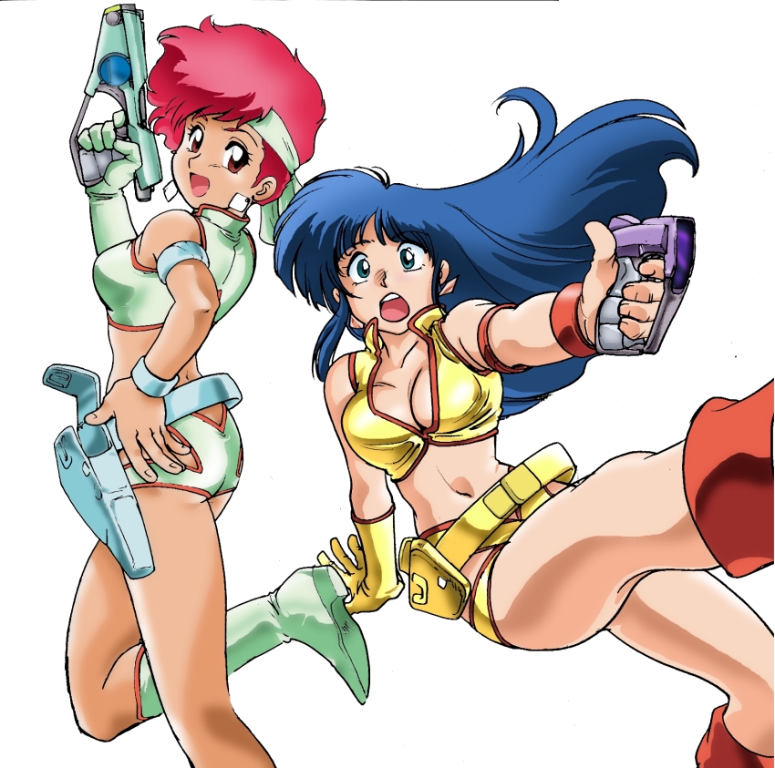 1990s_(style) 2girls armlet boots bracelet breasts cleavage commentary_request crop_top dark-skinned_female dark_skin dirty_pair dokite_tsukasa earrings energy_gun feet_out_of_frame floating_hair gloves gun hand_on_own_hip headband highres holster jewelry kei_(dirty_pair) long_hair looking_at_viewer midriff multiple_girls navel official_art open_mouth outstretched_arm photoshop_(medium) ray_gun red_eyes red_hair retro_artstyle short_hair simple_background single_glove teeth upper_teeth_only weapon white_background yellow_gloves yuri_(dirty_pair)