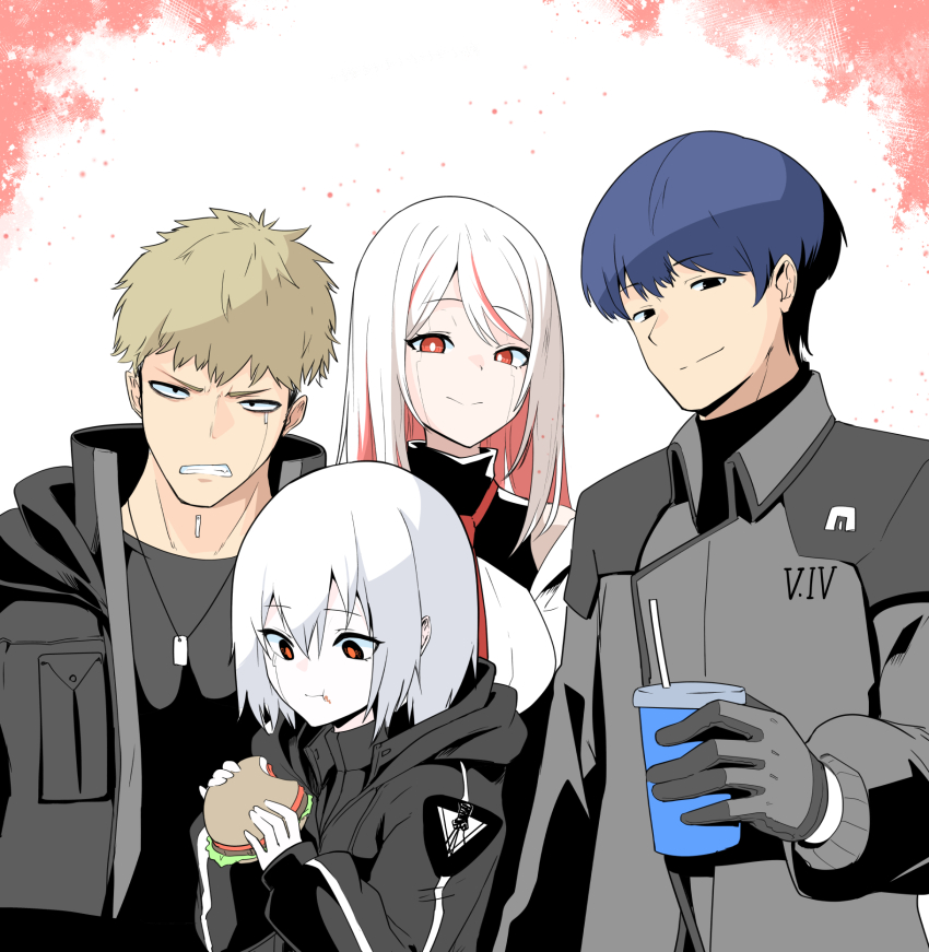 2boys 2girls 621_(armored_core_6) armored_core armored_core_vi:_fires_of_rubicon ayre_(armored_core_6) black_jacket black_undershirt blonde_hair blue_hair burger clenched_teeth closed_mouth commentary_request cup dog_tags drinking_straw eating food food_on_face g5_iguazu_(armored_core_6) gloves grey_gloves grey_hair grey_jacket highres holding holding_burger holding_cup holding_food hood hooded_jacket jacket long_sleeves looking_at_viewer multicolored_hair multiple_boys multiple_girls open_mouth red_eyes short_hair smile streaked_hair tachi_(bokarokazoku) teeth two-tone_hair v.iv_rusty