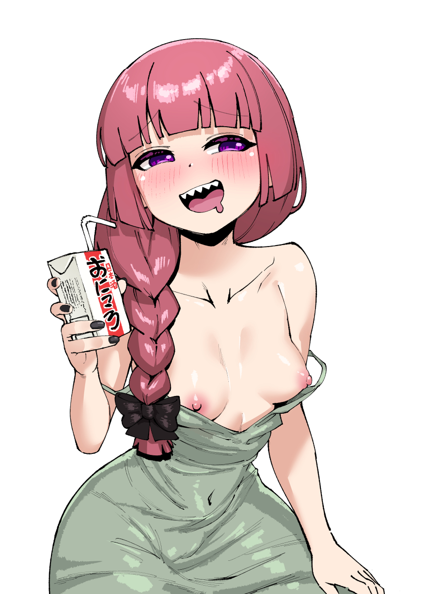 1girl absurdres alcohol_carton black_bow black_nails blush bocchi_the_rock! bow braid breasts clothes_pull covered_navel double_strap_slip dress dress_pull drinking_straw green_dress hair_bow hair_over_shoulder hand_up highres hiroi_kikuri holding_carton long_hair nipples open_mouth orgoglioso_banane purple_eyes red_hair sharp_teeth simple_background single_braid small_breasts smile solo teeth upper_teeth_only white_background