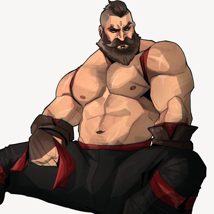 1boy arcane:_league_of_legends asymmetrical_hair bara beard brown_hair chris_sdd facial_hair full_beard highres holding_cloth league_of_legends male_focus mohawk muscular muscular_male nipples pants piercing rictus_(arcane) scar scar_on_shoulder serious sidecut signature topless topless_male undercut