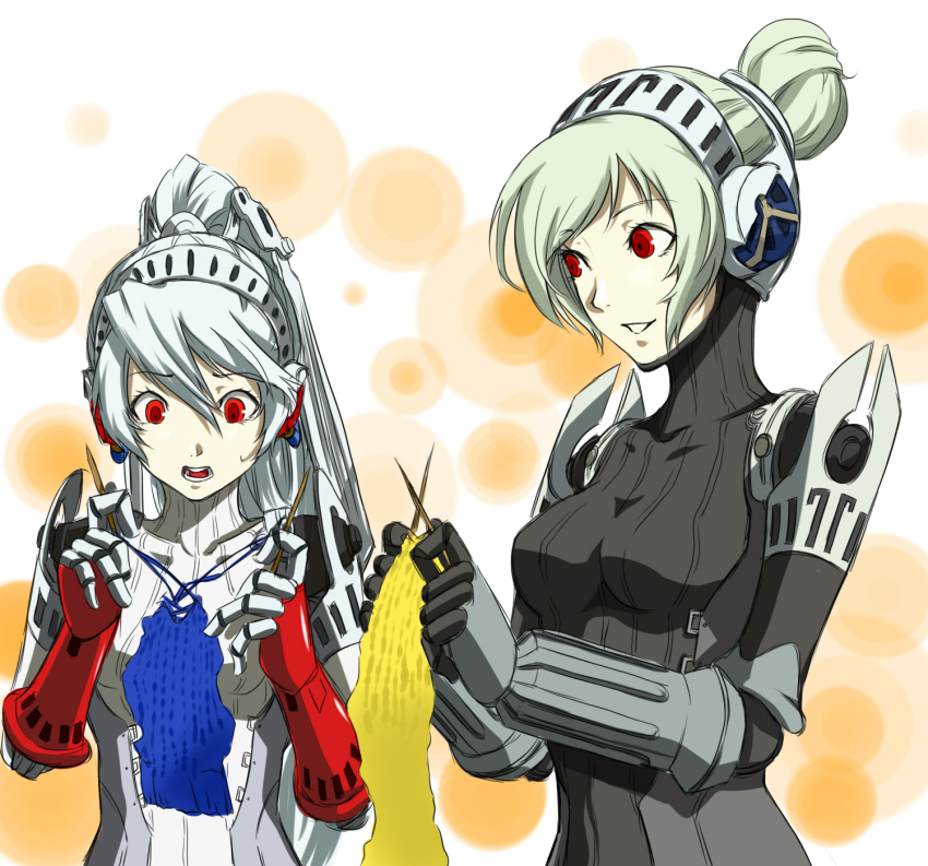 2girls android atlus blue_hair green_hair highres joints kamui_sathi knitting labrys_(persona) megami_tensei multiple_girls persona persona_4 persona_4:_the_ultimate_in_mayonaka_arena red_eyes robot_joints shin_megami_tensei unit_#024