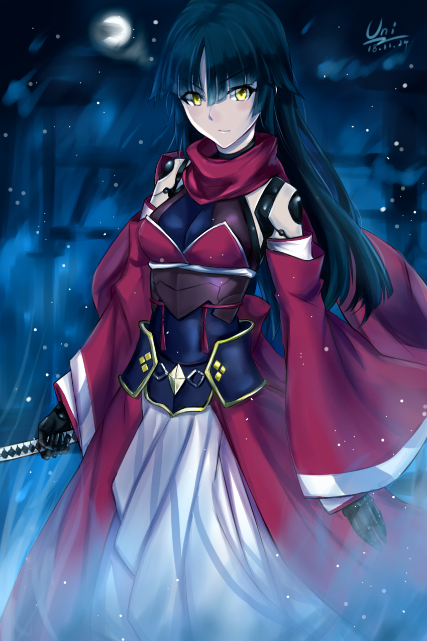 1girl bag black_gloves black_hair breasts detached_sleeves fate/grand_order fate_(series) female_focus gloves hair_between_eyes hair_down highres holding holding_sword holding_weapon katana katou_danzou_(fate) long_hair long_skirt long_sleeves looking_at_viewer medium_breasts moon outdoors red_scarf red_sleeves scarf signature skirt solo standing sword unique_(pixiv12704744) very_long_hair weapon white_skirt wide_sleeves yellow_theme