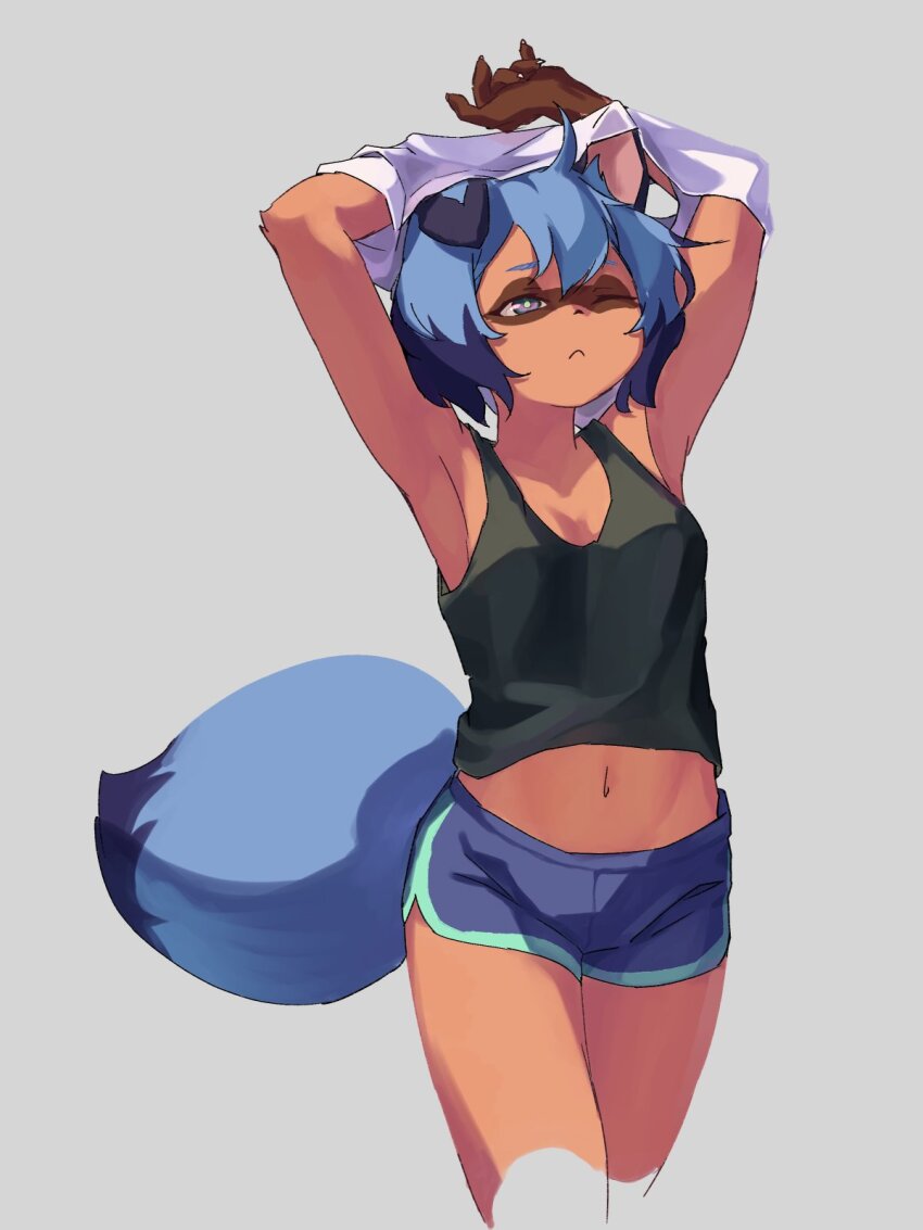 1girl animal_ears animal_nose armpits arms_up blue_eyes blue_hair body_fur brand_new_animal breasts brown_fur closed_mouth commentary_request cropped_legs dolphin_shorts frown furry furry_female highres kagemori_michiru looking_at_viewer medium_breasts navel one_eye_closed raccoon_ears raccoon_girl raccoon_nose raccoon_tail rrkk28180479 short_hair shorts simple_background solo tail tanuki undressing