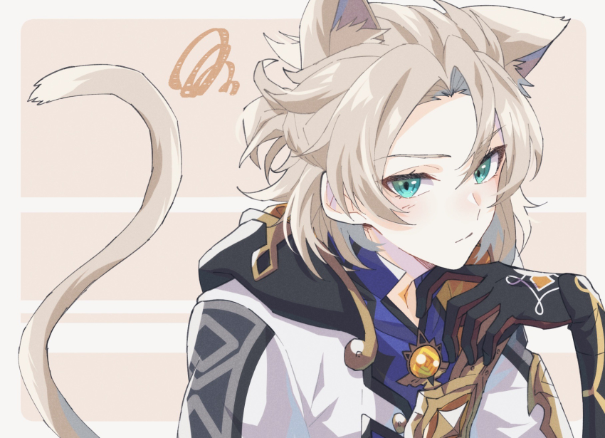 1boy albedo_(genshin_impact) animal_ear_fluff animal_ears annoyed black_gloves blonde_hair blush border cat_ears cat_tail commentary_request genshin_impact gloves gold_trim green_eyes hand_on_own_chin highres jacket kemonomimi_mode male_focus mizuamememe orange_background parted_bangs short_hair simple_background solo tail upper_body vision_(genshin_impact) white_jacket