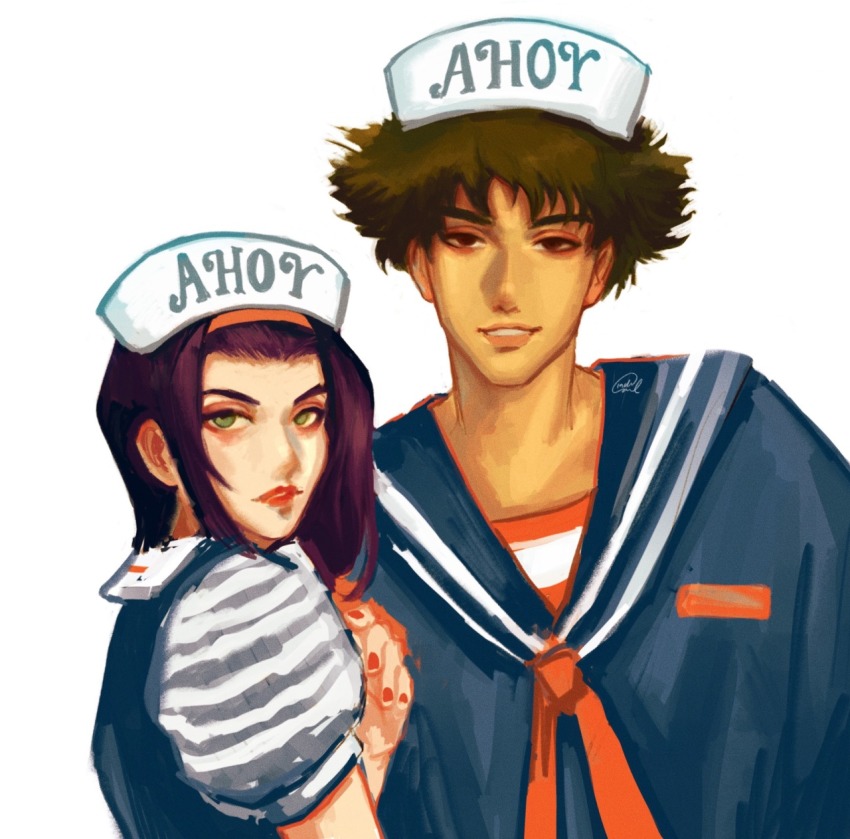 1boy 1girl cosplay cowboy_bebop faye_valentine green_eyes highres purple_hair spike_spiegel stranger_things tagme white_background