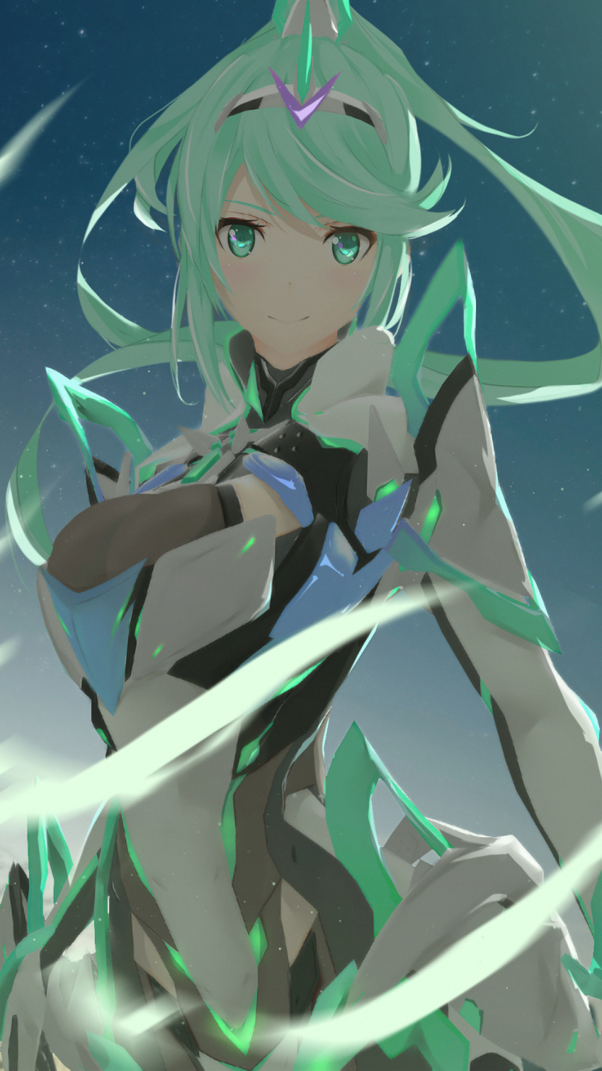 1girl 3d armor breasts elbow_gloves gloves gmod green_eyes green_hair highres large_breasts long_hair matching_hair/eyes nintendo pneuma_(xenoblade) ponytail sculp2 shoulder_armor sky solo spoilers star_(sky) very_long_hair xenoblade_chronicles_(series) xenoblade_chronicles_2