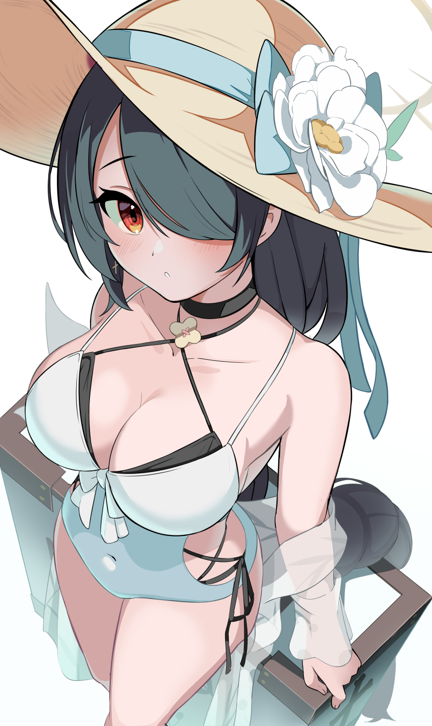 1girl absurdres bikini black_bikini blue_archive braid braided_ponytail breasts casual_one-piece_swimsuit clothing_cutout collarbone criss-cross_halter double_bikini flower hair_over_one_eye halo halterneck hat hat_flower highres hinata_(blue_archive) hinata_(swimsuit)_(blue_archive) layered_swimsuit official_alternate_costume one-piece_swimsuit one_eye_covered rindou_ringdong side_cutout solo straw_hat sun_hat swimsuit white_one-piece_swimsuit yellow_halo yellow_hat