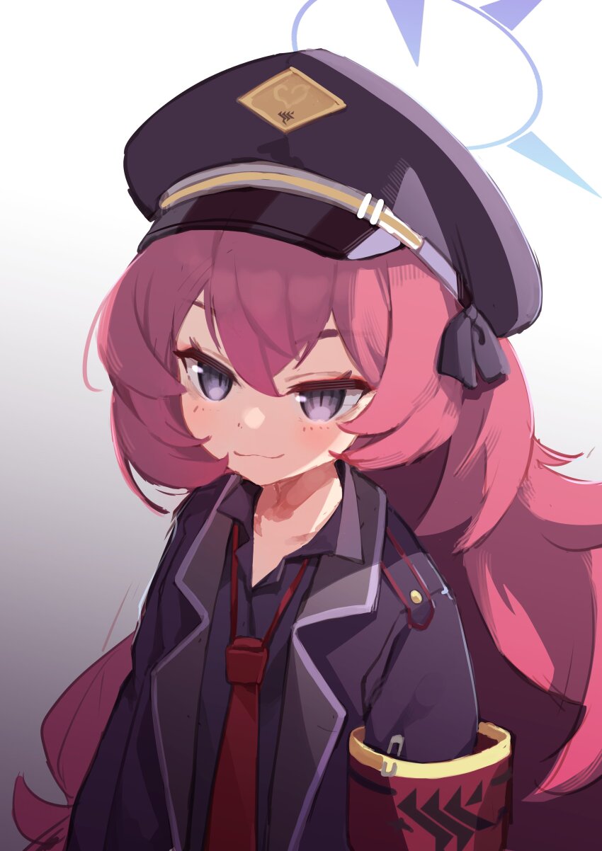 1girl absurdres ansan_ey armband black_hat black_jacket black_shirt blue_archive blush closed_mouth fluffy_hair gehenna_academy_logo gradient_background gradient_hair grey_eyes hair_between_eyes halo hat highres iroha_(blue_archive) jacket korean_commentary long_hair long_sleeves loose_necktie military_hat military_jacket multicolored_hair necktie open_clothes peaked_cap purple_halo red_armband red_hair red_necktie safety_pin shirt smile solo upper_body very_long_hair wavy_hair