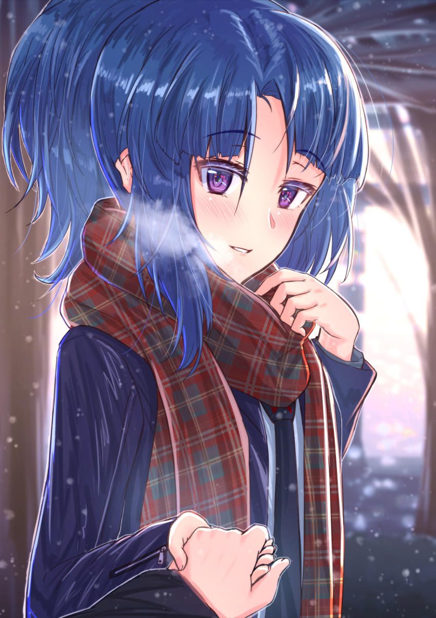 1girl absurdres alice_gear_aegis blue_coat blue_hair blush coat hair_between_eyes hair_intakes highres long_hair long_sleeves looking_at_viewer origami_yakko outdoors parted_lips plaid_clothes plaid_scarf ponytail pov purple_eyes scarf solo_focus takanashi_rei upper_body