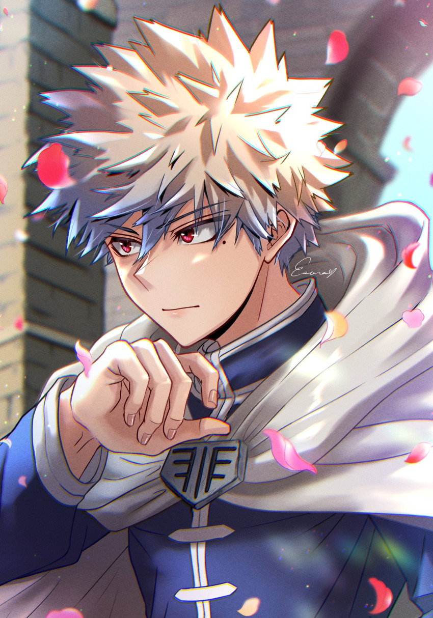 1boy bakugou_katsuki boku_no_hero_academia cape cosplay esora-arts falling_petals grey_hair highres himmel_(sousou_no_frieren) himmel_(sousou_no_frieren)_(cosplay) long_sleeves male_focus mole mole_under_eye petals red_eyes short_hair solo sousou_no_frieren spiked_hair