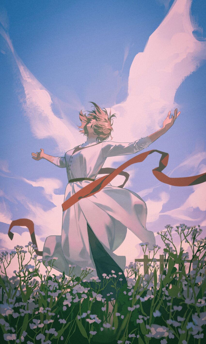 1girl absurdres belt blonde_hair blue_sky cloud day dress dungeon_meshi falin_touden falin_touden_(chimera) fan_mu_zhang feathers from_below grass highres meadow open_mouth outdoors outstretched_arms red_ribbon ribbon short_hair sky solo spread_arms standing white_dress wind