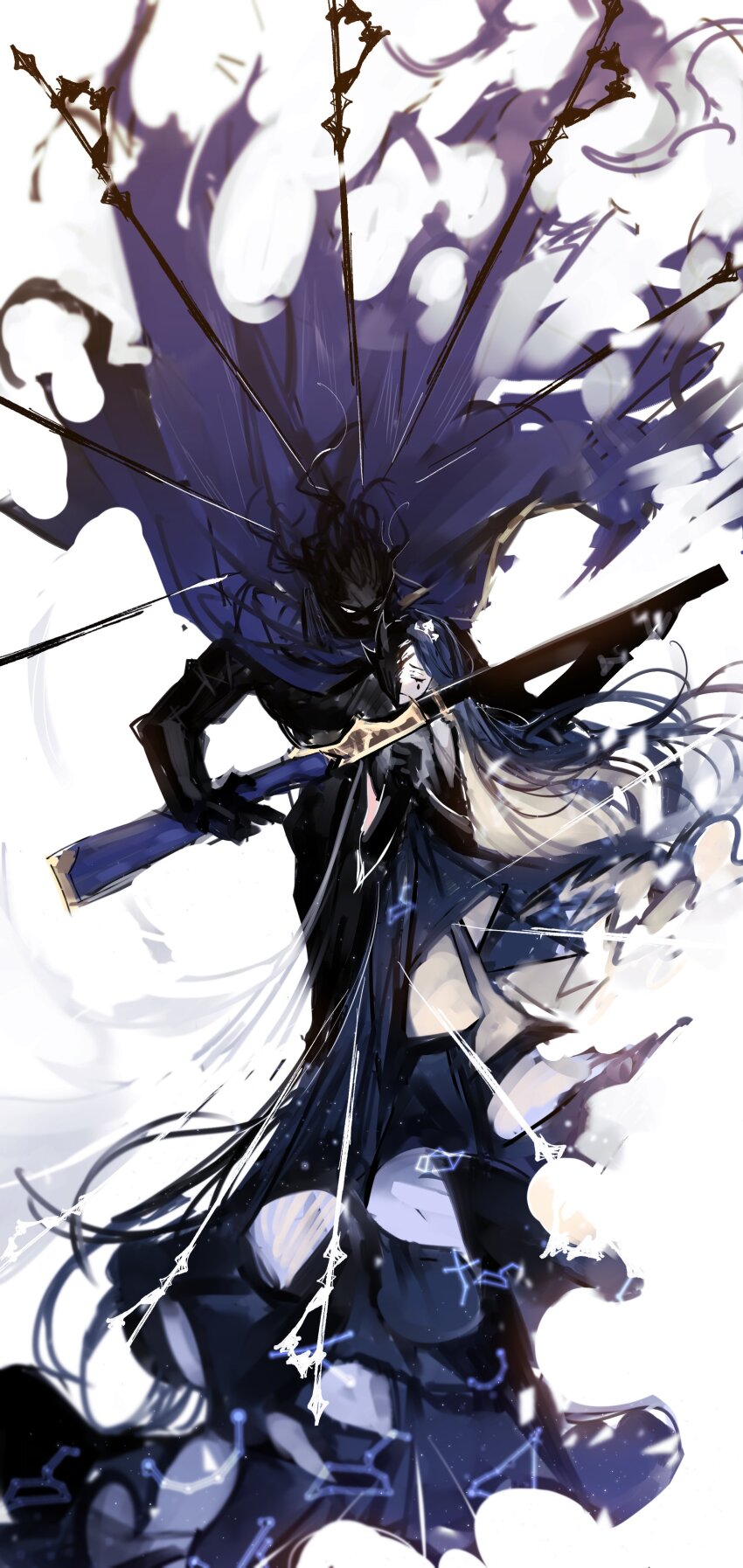 1boy 1girl absurdres bad_id bad_twitter_id blue_cape blue_dress blue_hair cancer_(constellation) cape capricorn_(constellation) closed_eyes closed_mouth colored_inner_hair constellation_print der_freischuetz_(project_moon) dress frown full_body gun highres holding holding_gun holding_weapon knight_of_despair leo_(constellation) lobotomy_corporation long_hair multicolored_hair own_hands_together project_moon remsrar rifle sagittarius_(constellation) simple_background sword teardrop_facial_mark very_long_hair weapon white_background white_hair