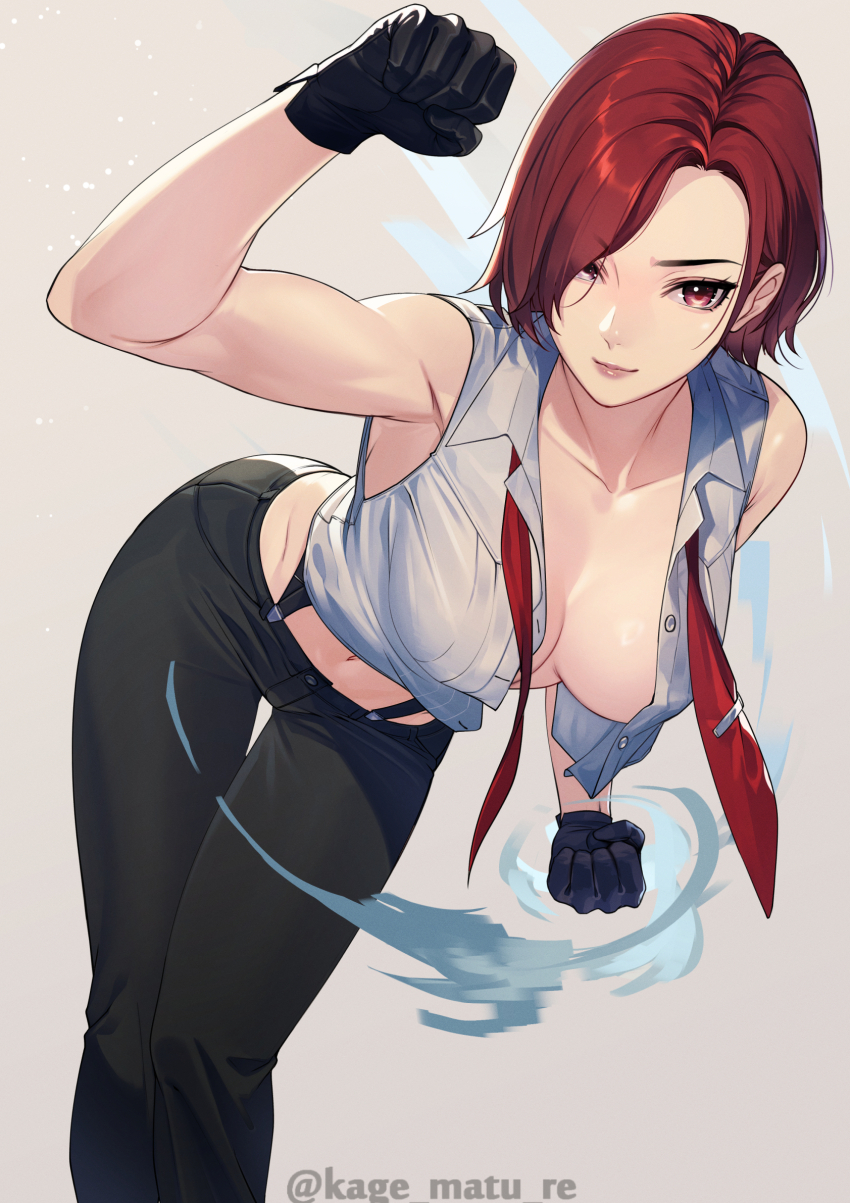 1girl arm_up artist_name bare_shoulders black_gloves black_pants blush breasts center_opening clenched_hands closed_mouth commentary_request gloves grey_background highres kagematsuri large_breasts looking_at_viewer navel pants red_eyes red_hair shirt short_hair simple_background sleeveless sleeveless_shirt smile solo the_king_of_fighters vanessa_(kof) white_shirt