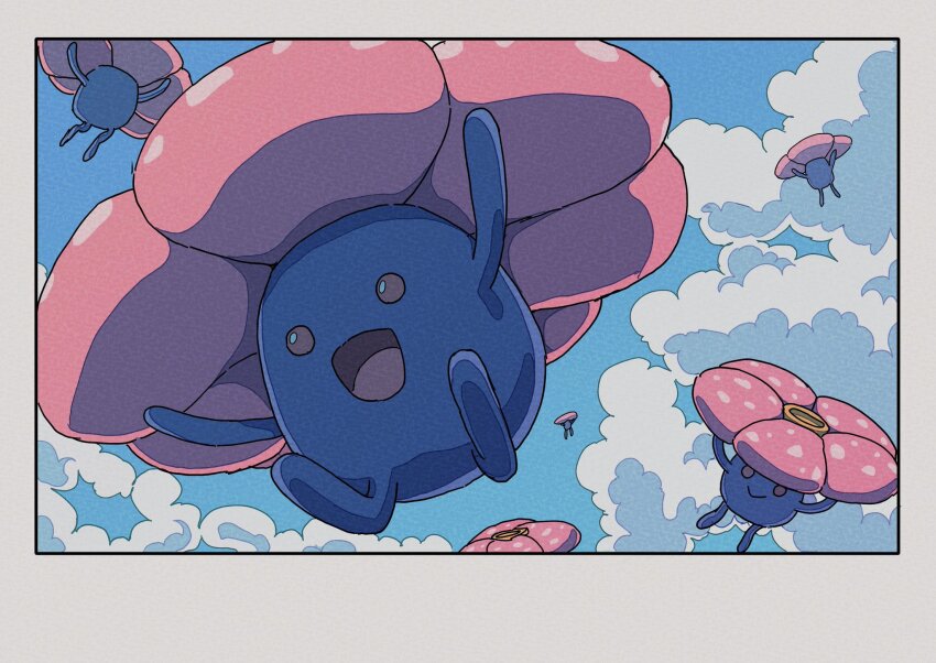 :d blue_skin border cloud cloudy_sky colored_skin creatures_(company) flower game_freak gen_1_pokemon highres jumping nintendo no_humans onamuzi_illust open_mouth outdoors plant pokemon pokemon_(creature) red_eyes sky smile vileplume