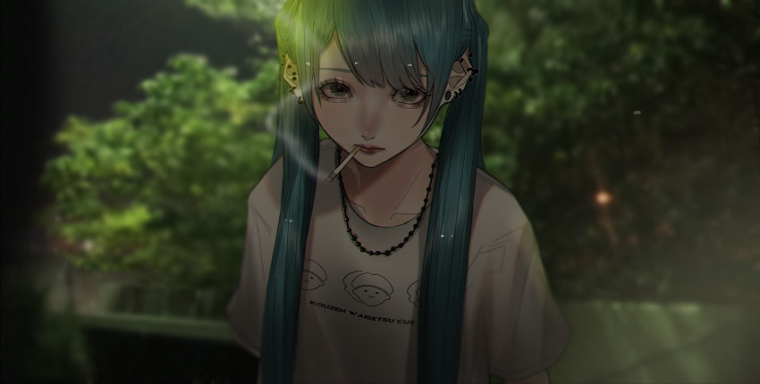 1girl absurdres blue_eyes blue_hair cigarette ear_piercing hatsune_miku highres huge_filesize jewelry looking_at_viewer mano_aaa necklace piercing shirt smoking solo t-shirt twintails vocaloid