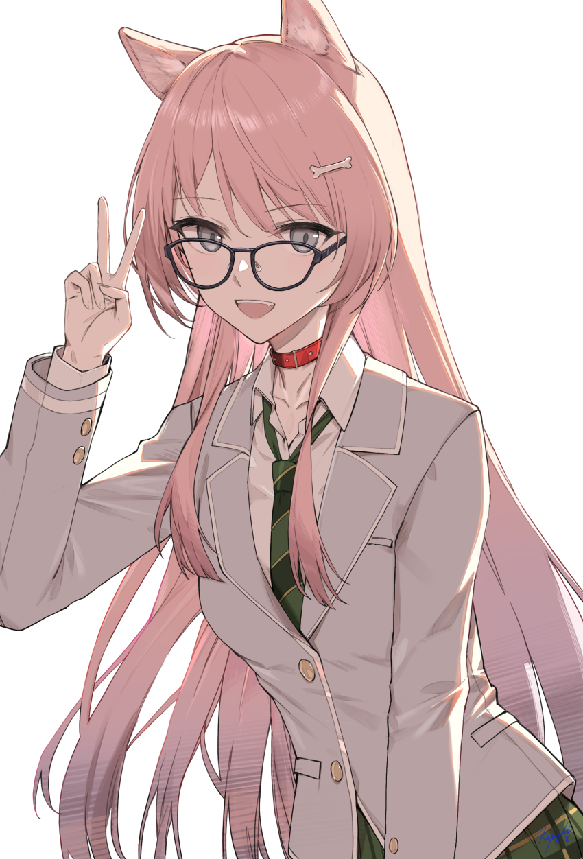 1girl absurdres animal_ear_fluff animal_ears bang_dream! bang_dream!_it&#039;s_mygo!!!!! blazer bone_hair_ornament chihaya_anon chinese_commentary collar collarbone collared_shirt commentary_request diagonal-striped_clothes diagonal-striped_necktie dog_ears dog_girl fang glasses green_necktie green_skirt grey_eyes grey_jacket hair_ornament haizou_bingsan hand_up haneoka_school_uniform highres jacket kemonomimi_mode long_hair long_sleeves looking_at_viewer necktie open_mouth pink_hair plaid_clothes plaid_skirt pleated_skirt red_collar school_uniform shirt simple_background skirt solo striped_clothes teeth upper_teeth_only v white_background white_shirt