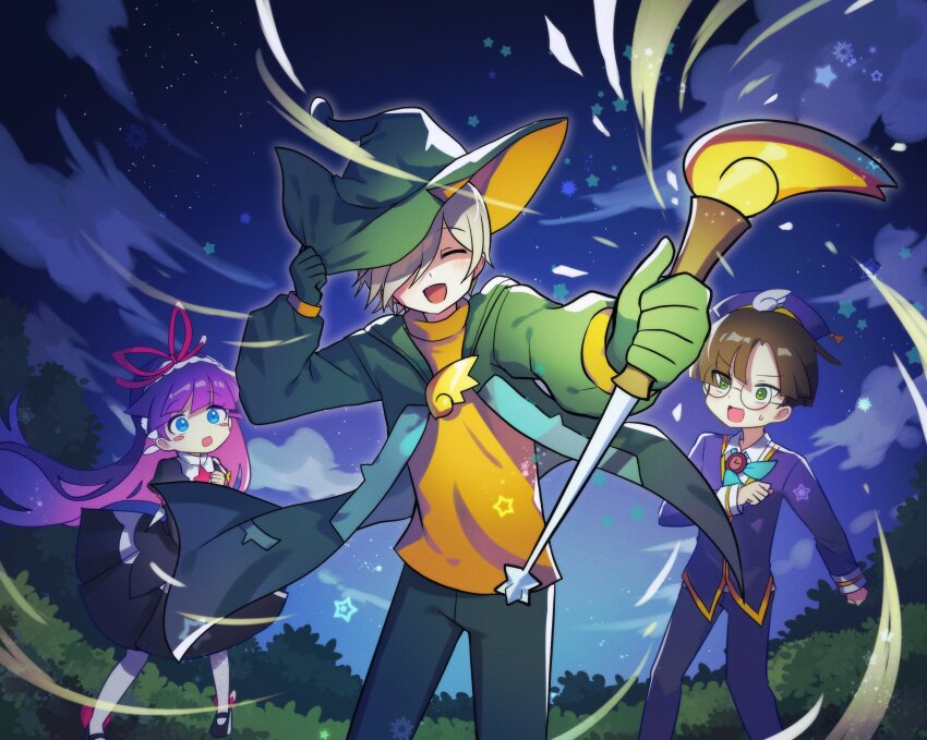 1girl 2boys absurdres blue_eyes blush bow closed_eyes feli_(puyopuyo) glasses green_eyes green_headwear grey_hair hat highres holding holding_wand klug_(puyopuyo) lemres_(puyopuyo) long_hair looking_at_another multiple_boys night night_sky offbeat purple_hair puyopuyo puyopuyo_fever red_bow sky star_(sky) starry_sky wand wizard_hat