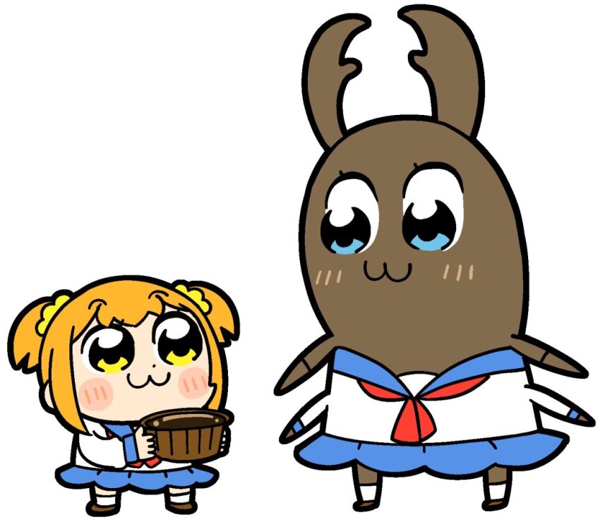 2girls :3 beetle bkub blue_eyes blue_sailor_collar blue_skirt blush blush_stickers brown_footwear bucket bug chibi chibi_only closed_mouth commentary dot_nose full_body hair_ornament hair_scrunchie holding holding_bucket insect long_sleeves looking_at_another multiple_girls neckerchief official_art orange_hair pipimi poptepipic popuko red_neckerchief sailor_collar school_uniform scrunchie serafuku shirt shoes short_hair sidelocks simple_background skirt socks stag_beetle standing two_side_up white_background white_shirt white_socks wooden_bucket yellow_eyes yellow_scrunchie