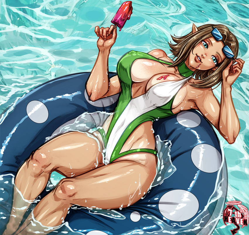 1girl 7th-heaven armpits artist_logo blue_eyes breasts brown_hair cleavage commission covered_erect_nipples elezen elf eyewear_on_head final_fantasy final_fantasy_xiv food food_on_body food_on_breasts food_on_face green_one-piece_swimsuit highres holding holding_food holding_popsicle ice_cream ice_cream_on_face in_water innertube large_breasts lips logo looking_at_viewer melting_popsicle one-piece_swimsuit open_mouth pointy_ears popsicle short_hair solo sunglasses swim_ring swimsuit tan tanline warrior_of_light_(ff14)