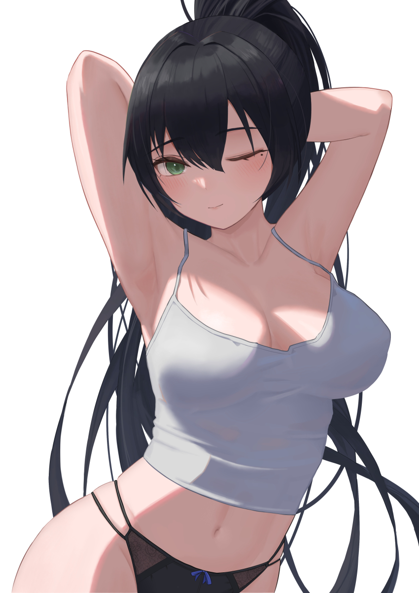 1girl absurdres armpits arms_behind_head black_hair black_panties blush bow bow_panties breasts camisole cleavage closed_mouth collarbone covered_erect_nipples cowboy_shot green_eyes hair_between_eyes high_ponytail highres large_breasts light_smile long_hair looking_at_viewer midriff mole mole_under_eye navel one_eye_closed original panties pige_pig simple_background solo spaghetti_strap underwear underwear_only white_background white_camisole