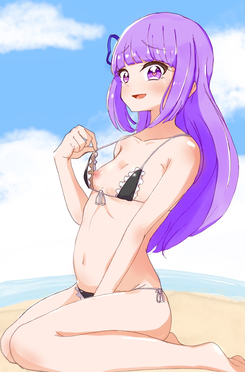 absurdres aikatsu! aikatsu!_(series) bare_arms bare_legs beach belly between_legs bikini bikini_pull black_bikini blue_ribbon blunt_bangs blush breasts clothes_pull cloud day frilled_bikini frills hair_ribbon hand_between_legs heart heart-shaped_pupils hhoommhhoomm highres hikami_sumire long_hair looking_at_viewer micro_bikini new_shimada nipples open_mouth pulling_own_clothes purple_eyes purple_hair ribbon sandals seiza sitting sky small_breasts smile spaghetti_strap swimsuit symbol-shaped_pupils