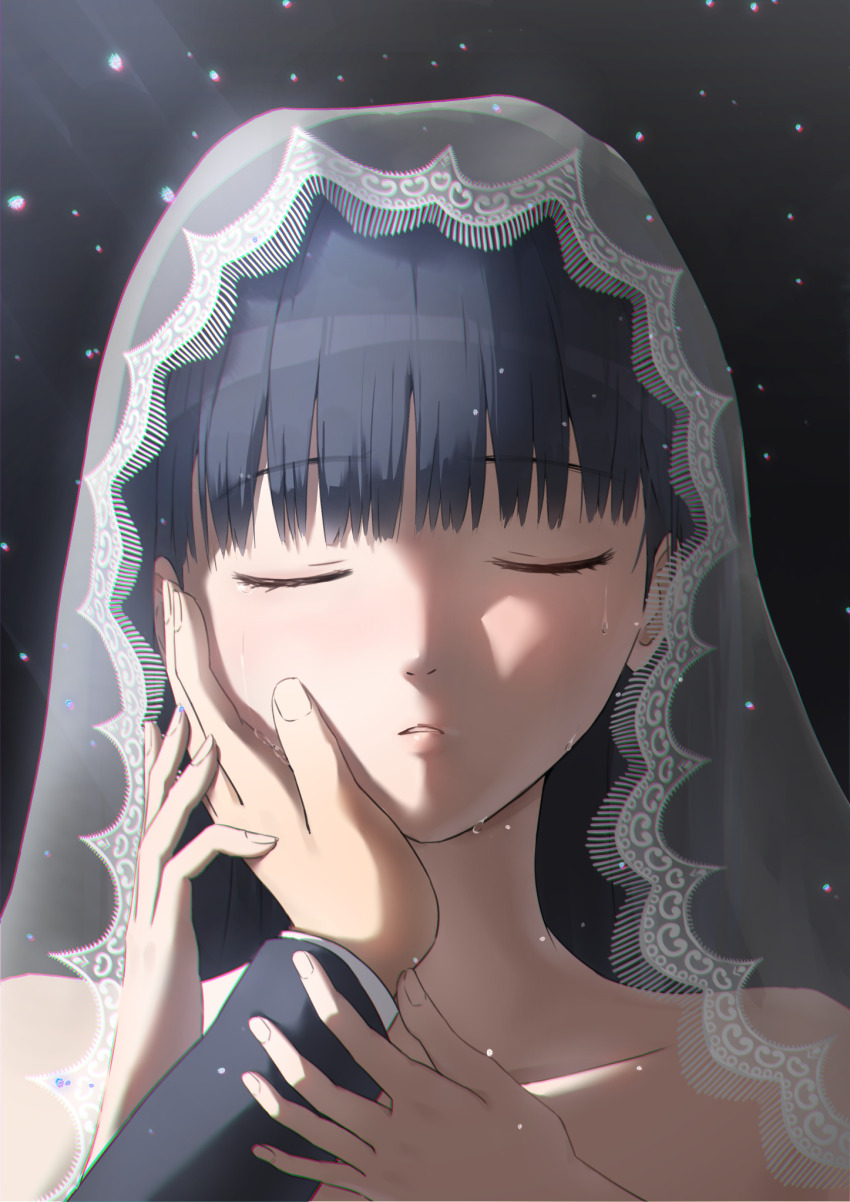 1boy 1girl amagami ayatsuji_tsukasa black_hair blunt_bangs bridal_veil closed_eyes closed_mouth collarbone crying hand_on_another&#039;s_cheek hand_on_another&#039;s_face hand_on_another&#039;s_hand highres long_hair mikawa_mikan portrait pov pov_hands solo_focus veil