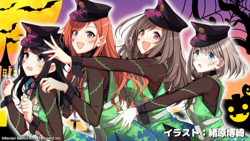 4girls arisugawa_natsuha bat_(animal) black_hair blue_eyes brown_hair building dress english_text flag green_dress grey_eyes halloween hat idol_clothes idolmaster idolmaster_shiny_colors japanese_text kazano_hiori moon multiple_girls nail_polish official_art ohara_hiroki open_mouth orange_hair peaked_cap pumpkin red_eyes serizawa_asahi silk spider_web splatter stitches tsukioka_kogane