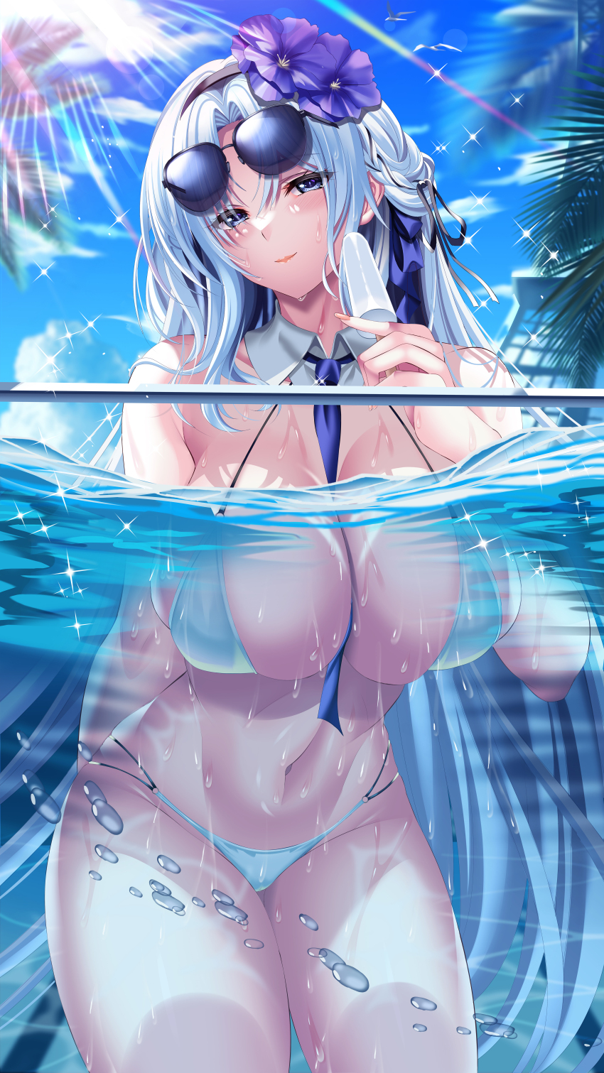 1girl absurdres air_bubble alsace_(azur_lane) alsace_(heat_beating_summer_sacrament)_(azur_lane) azur_lane between_breasts bikini blue_eyes blue_necktie blue_sky breasts bubble commentary_request cowboy_shot day detached_collar flower food hair_flower hair_ornament hair_spread_out highres holding holding_food holding_popsicle huge_breasts large_variant_set long_hair looking_at_viewer multi-strapped_bikini_bottom navel necktie necktie_between_breasts official_alternate_costume outdoors palm_tree parted_hair partially_submerged partially_underwater_shot popsicle purple_flower sky summer sunglasses swimsuit tree variant_set very_long_hair white_bikini yuuzuki_hijiri