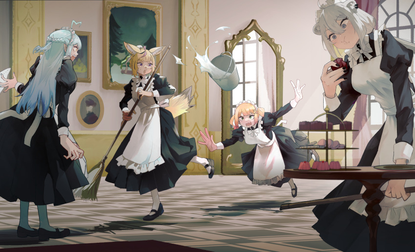 4girls ahoge alternate_costume animal_ear_fluff animal_ears apron black_dress black_nails blonde_hair blue_hair breasts cleaning coffee_table commentary_request dress eating enmaided facing_away food food_on_face fox_ears fox_girl grey_hair half_up_half_down_braid heart heart_ahoge highres holding holding_mop hololive indoors large_breasts lion_ears looking_at_another maid maid_apron mato_(target5260) momosuzu_nene mop multiple_girls nail_polish nepolabo omaru_polka pantyhose shishiro_botan short_ponytail table tiered_tray tripping victorian_maid virtual_youtuber white_apron white_pantyhose wrist_cuffs yukihana_lamy